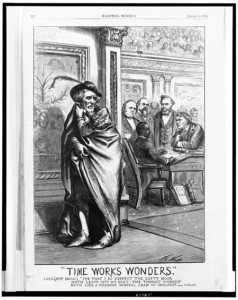 Jefferson Davis looking over his shoulder at Hiram Revels in U.S. Senate (Thomas Nast, 1870; loc.gov)