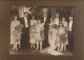 “Red” Upshaw (pictured fifth from left) and Margaret Mitchell’s (pictured sixth from left) wedding photo, September 2, 1922. Upshaw is believed to be the model for the Rhett Butler character in Gone With the Wind. Best man John Marsh (pictured second from left) would become Mitchell’s second husband, July 4, 1925, and her editor when writing Gone With the Wind. Also pictured, Mitchell’s older brother Stephens (far right). Courtesy of Atlanta History Center.