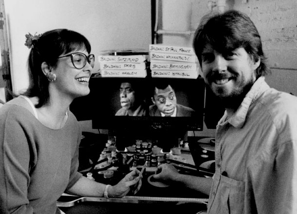 Co-Writers/Producers Karen Thorsen and Douglas K. Dempsey at work on James Baldwin: The Price of the Ticket. 16mm archival footage of Baldwin is threaded up on the Steenbeck editing machine at Maysles Films in NYC. Over 100 Separate pieces of archival material from nine different countries appear in the finished film. Photo Credit: Marcel Dumont. Copyright 1989, 2013 DKDmedia.