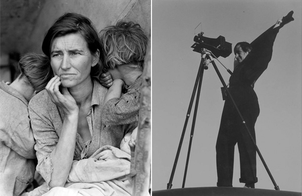 At left: Lange's 1936 portrait, Migrant Mother, of Florence Owens Thompson. At right, Dorothea Lange in 1936, photographed by Rondal Partridge.