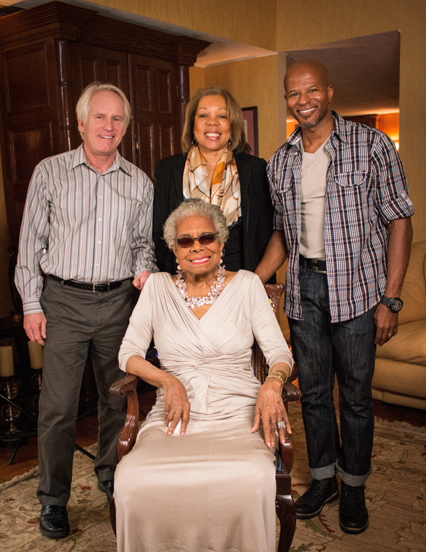 Maya Angelou (seated, center) and the American Masters: Maya Angelou (w.t.) crew at her house in Winston-Salem, N.C., January 2014. Pictured (standing, left to right): Bob Hercules (co-director/producer), Rita Coburn Whack (co-director/producer) and Keith Walker (D.P.) Photo by Christopher Howard.