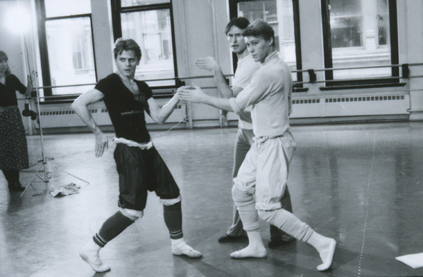 Mikhail Baryshnikov and Robert La Fosse rehearsing with John McFall in his ballet Follow the Feet. 1983. Photo: MIRA