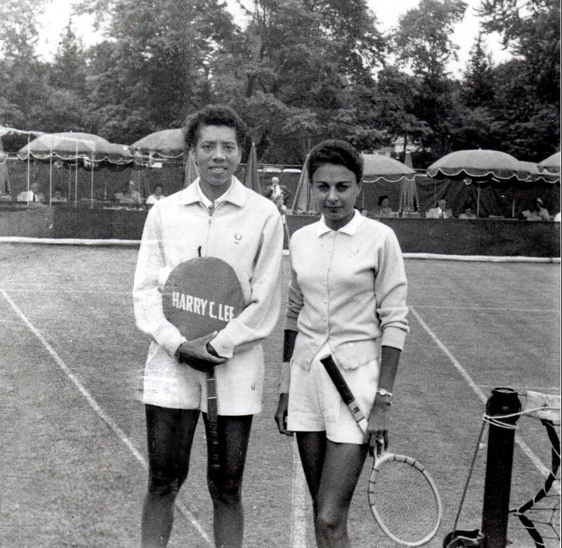 Althea Gibson (left) and Millicent Miller (right) at the Merion Cricket Club, ca. 1958, after Gibson defeated Miller in the first round of the Pennsylvania Lawn Tennis Championships. Miller is the mother of “American Masters: Althea” director Rex Miller. He talks about this photo in his filmmaker interview on this site. 