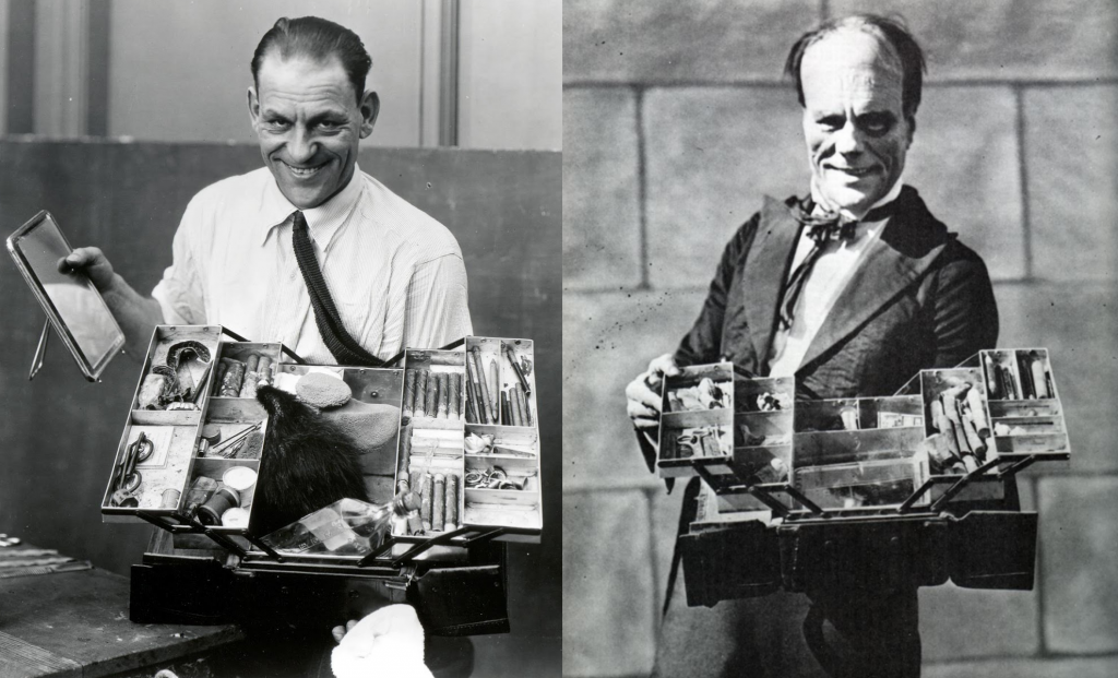 Lon Chaney with his makeup kit (left), and as Erik (the phantom) in Phantom of the Opera (1925).