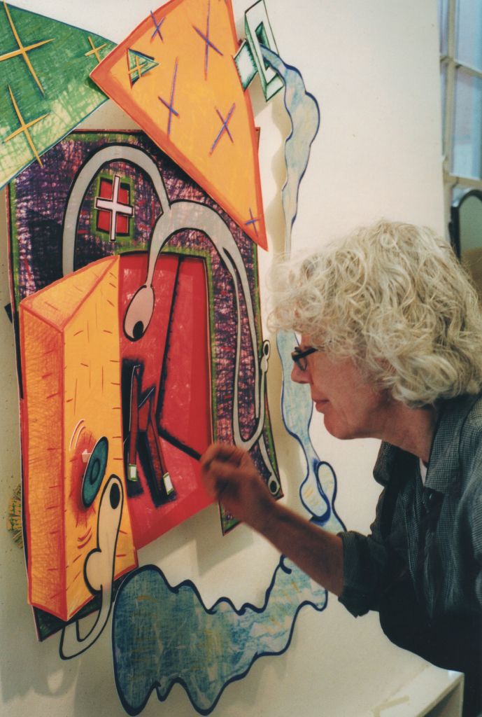 Elizabeth Murray painting "Who Wants" (from "Rooftops With Flying Geese"), 2003, three-dimensional multi-colored lithograph/screenprint, cut, collaged and hand-painted by the artist.
Credit: © 2003 Sidney B. Felsen