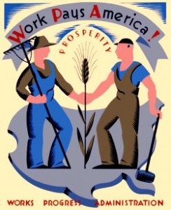 “Work pays America! Prosperity.” Designed in New York as part of the WPA Federal Art Project between 1936 and 1941.