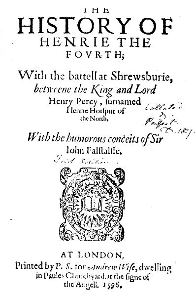 Title Page of Shakespeare's Henry IV, part 1 (1596)