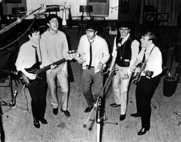 The Dave Clark Five in the studio. Left to right: Rick Huxley (d. 2013), Mike Smith (d. 2008), Dave Clark,  Denis Payton (d. 2006), and Lenny Davidson