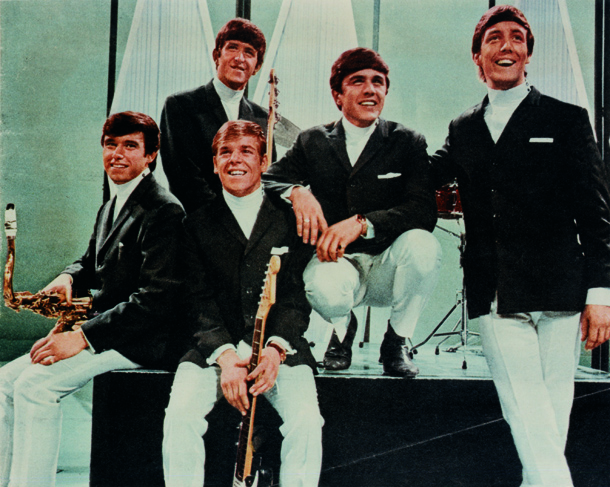 The Dave Clark Five, left to right: Denis Payton (d. 2006), Lenny Davidson (seated in front), Rick Huxley (d. 2013), Dave Clark, and Mike Smith (d. 2008)