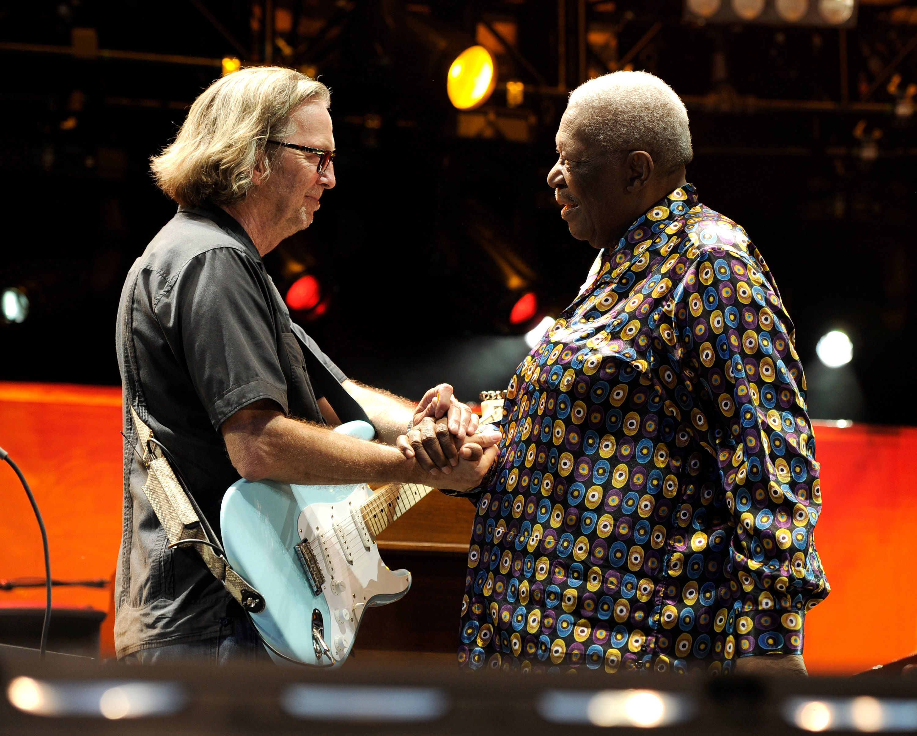 Eric Clapton (left) and B.B. King (right) perform during the 2010 Crossroads Guitar Festival at Toyota Park on June 26, 2010 in Bridgeview, Illinois.  Photo by Kevin Mazur/WireImage.