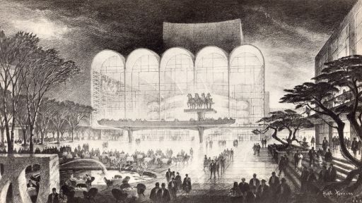 An early Wallace K. Harrison design for the new opera house at Lincoln Center