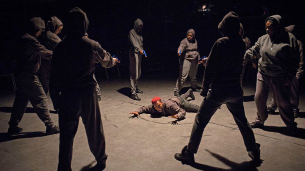 Jade Anouka (Mark Antony) and Company in Julius Caesar. Credit: Helen Maybanks