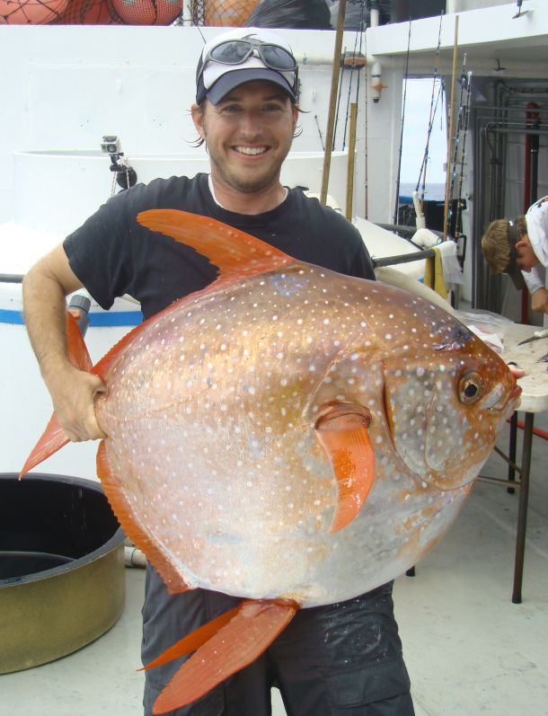 NOAA Fisheries biologist Nick Wegner holds an opah caught during a research survey off the California Coast.