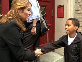 Katherine Peck greets students