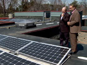 Solar panels on the roof of the Adat Shalom Synagogue