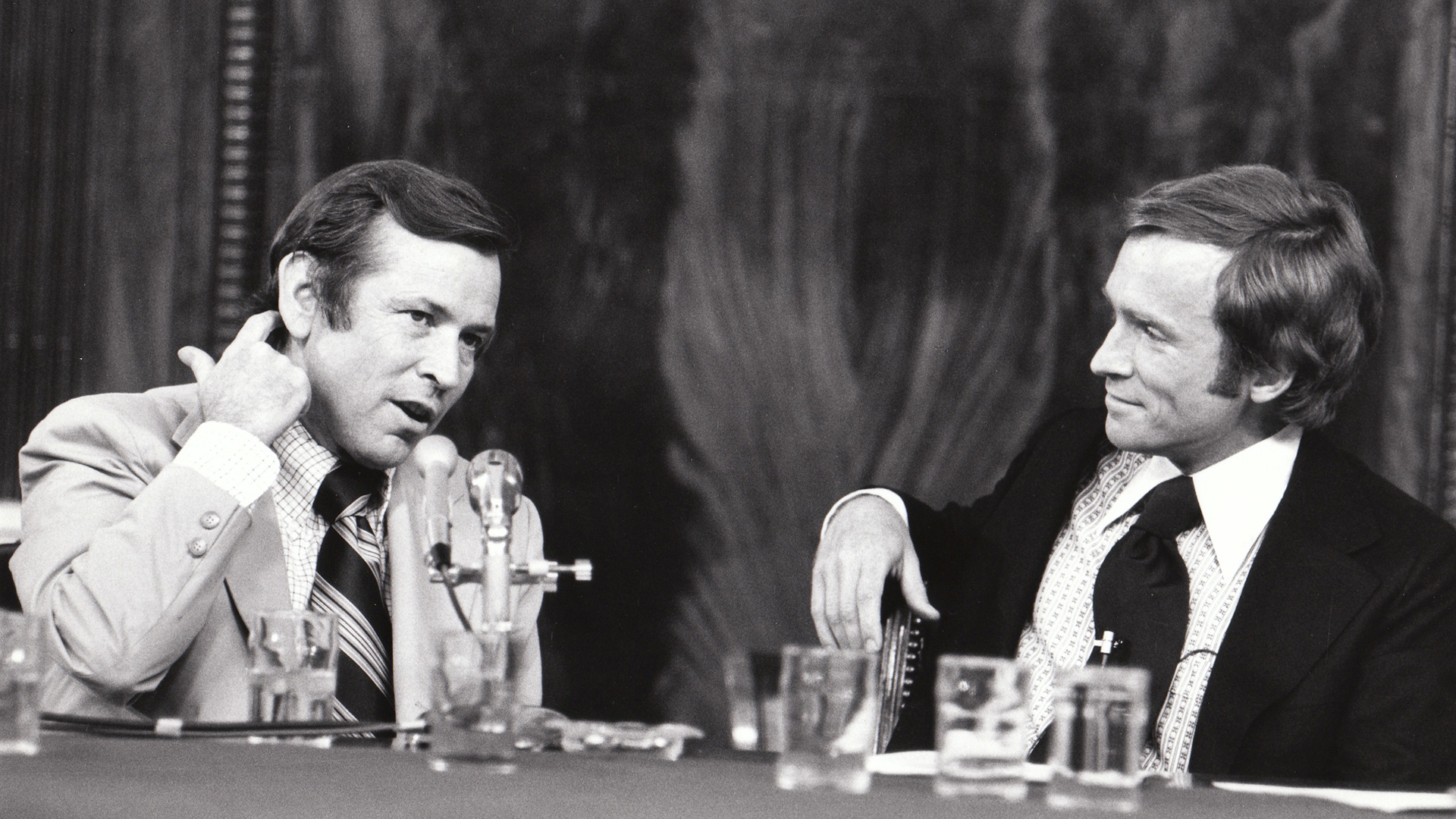 The Dick Cavett Show of 8/1/73 on location from the Senate Watergate Committee hearing room in Washington D.C. Dick is on the right; Committee Vice-Chairman Senator Howard Baker is on the left.