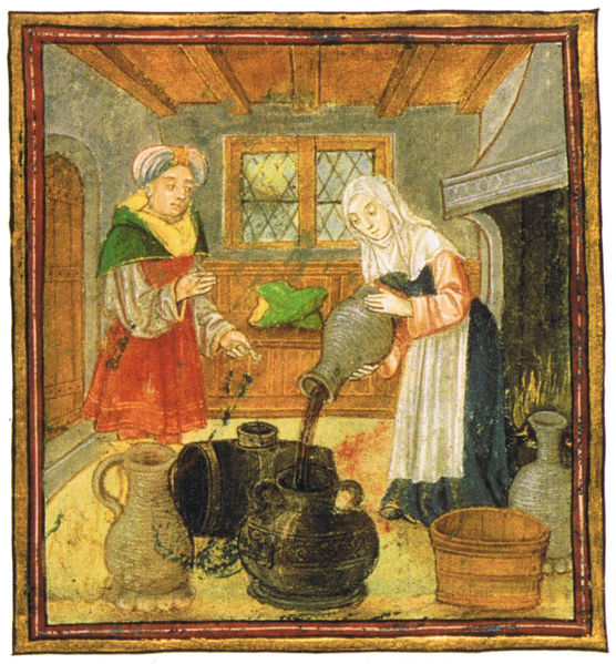 A matron shows how to treat wine and conserve it properly. British Library, London. Scanned from Maggie Black's "Den medeltida kokboken", Swedish translation of The Medieval Cookbook