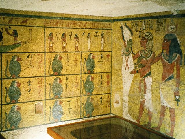 Painted walls in the burial chamber of King Tutankhamun's tomb (KV62). Valley of the Kings, Egypt. Photo taken by Hajor 