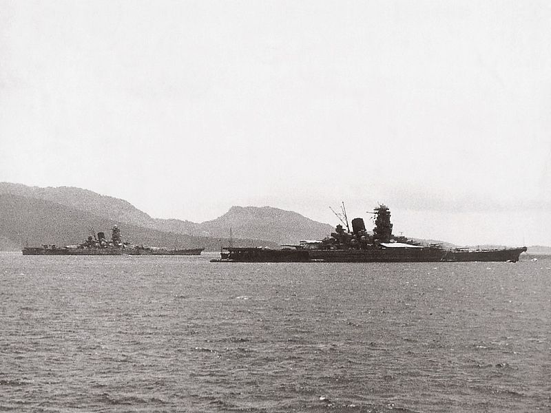 Twin Yamato class battleships Yamato and Musashi in anchorage off Truk Islands. 