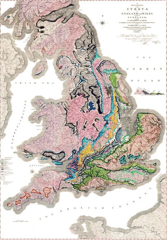 A delineation of the strata of England and Wales with part of Scotland. (The first geological map of Britain, published by William Smith in 1815)