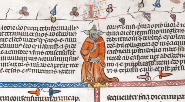 A religious volume from the early 1300s includes this image of a monk who resembles Yoda of the Star Wars films. The Britsh Library