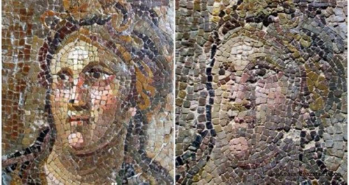 A mosaic before (L) and after (R) restoration, in the Hatay Archaeology Museum, Turkey. Photograph: Hurriyet Daily News 