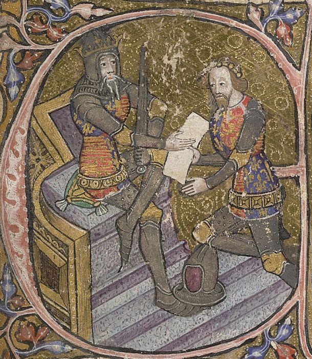 "Edward The Black Prince receives the grant of Aquitaine from his father King Edward III" Initial letter "E" on a page of illuminated manuscript, date: 1390; British Library, shelfmark: Cotton MS Nero D VI, f.31r. 