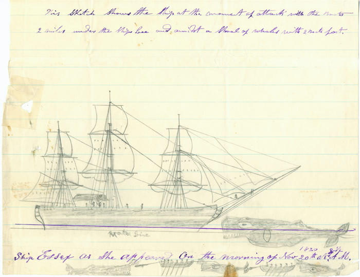 A sketch by Thomas Nickerson depicting the attack and sinking of the ship Essex. Credit: Nantucket Historical Association.