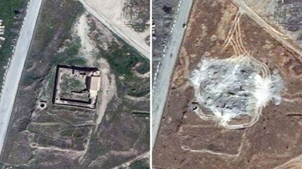 Satellite images showing the site of St Elijah's Monastery in March 2011 and September 2014. DigitalGlobe via AP