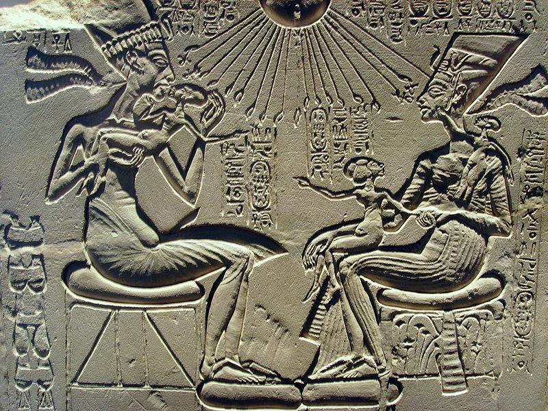 A house altar showing Akhenaten, Nefertiti and three of their daughters. 18th dynasty, reign of Akhenaten, circa 1350 B.C.(public domain)