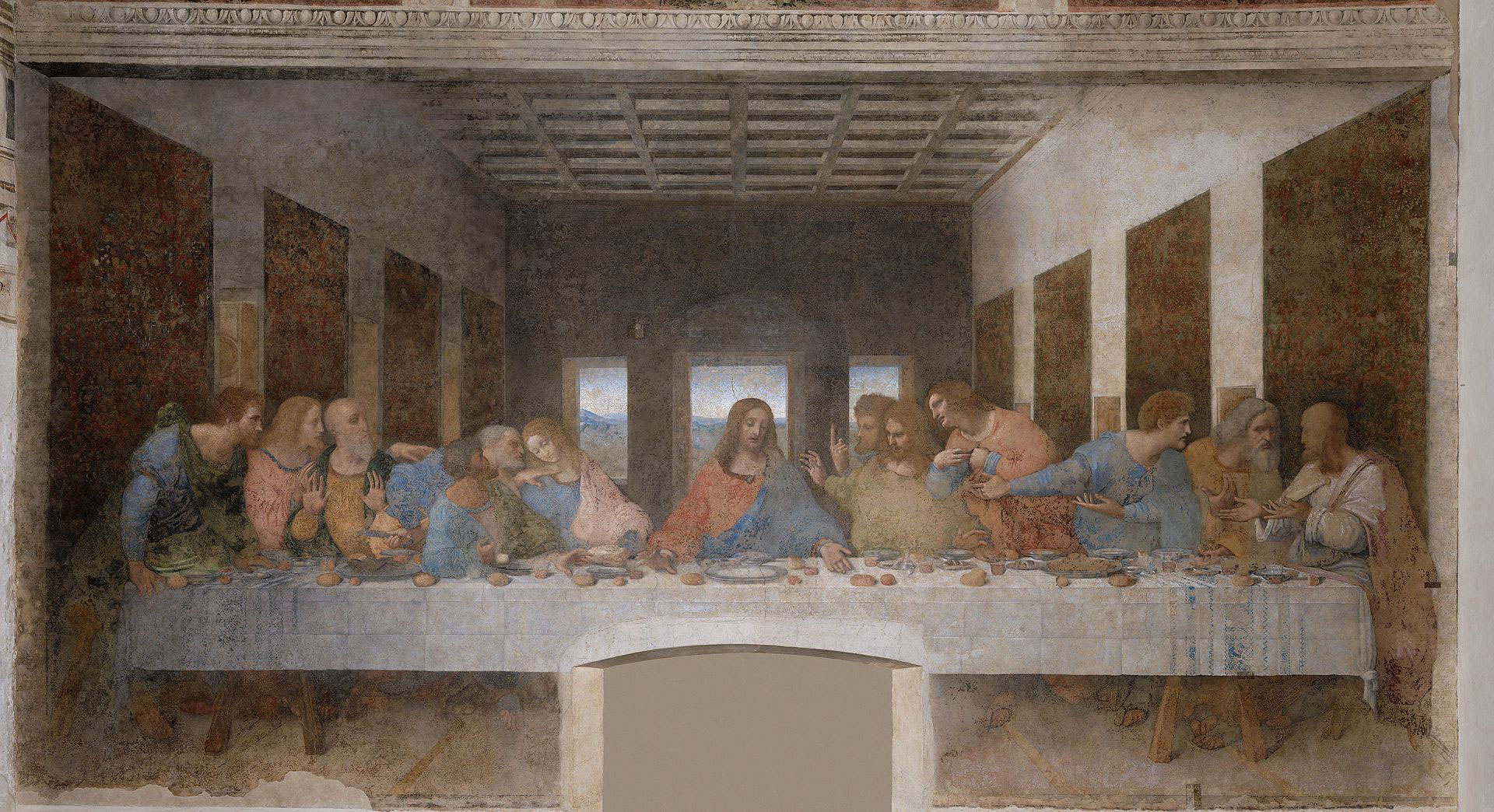 The Last Supper by Leonardo da Vinci, 1495-1498. Photographic reproduction: Copyright 2006-2007 HAL9000 S.r.l.  (Public domain)