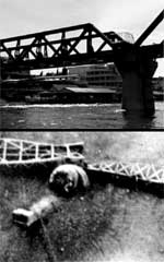 At top, the bridge on the River Kwai as it was before bombs were dropped on it in February 1945. At bottom, two collapsed spans of the bridge lay in the river.