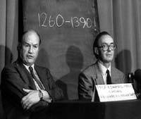 On October 13, 1988, the world's press gathered at the British Museum in London for the release of the carbon-14 test results. When they entered the room, they saw the blackboard, above.