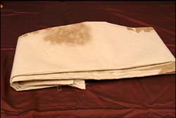 This replica of the Shroud, shown folded, has been made so that researchers can study its every detail